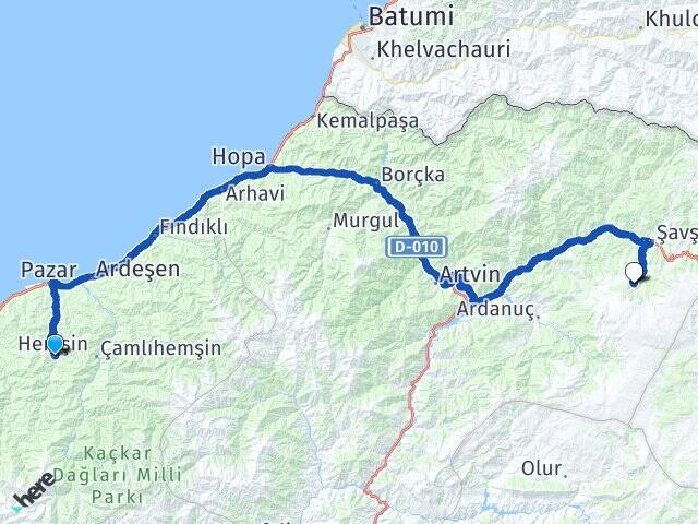 Rize Hemşin Karaağaç Şavşat Artvin Arası Kaç Km - Yol Haritası
