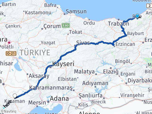 Rize Hemşin Karaman Arası Kaç Km - Yol Haritası
