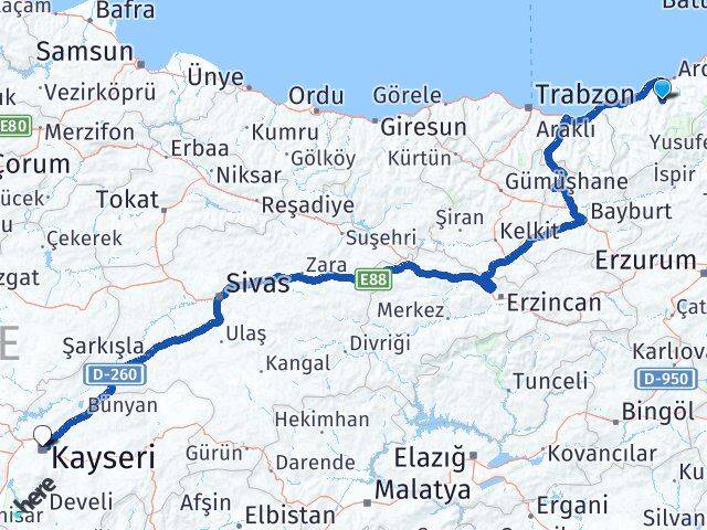 Rize Hemşin Kayseri Arası Kaç Km - Yol Haritası