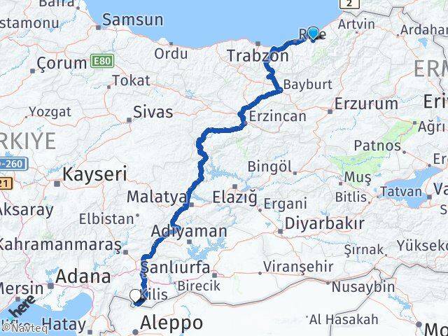 Rize Hemşin Kilis Arası Kaç Km - Yol Haritası