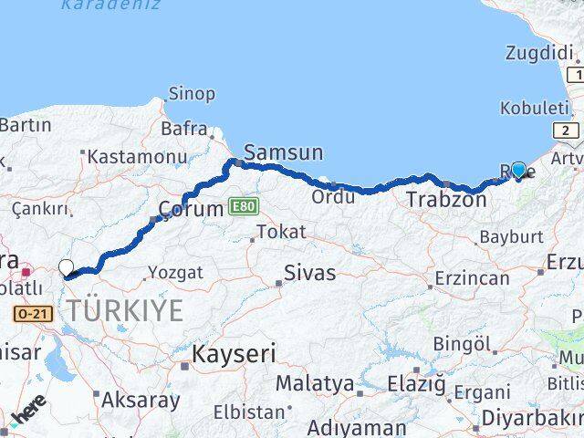 Rize Hemşin Kırıkkale Arası Kaç Km - Yol Haritası