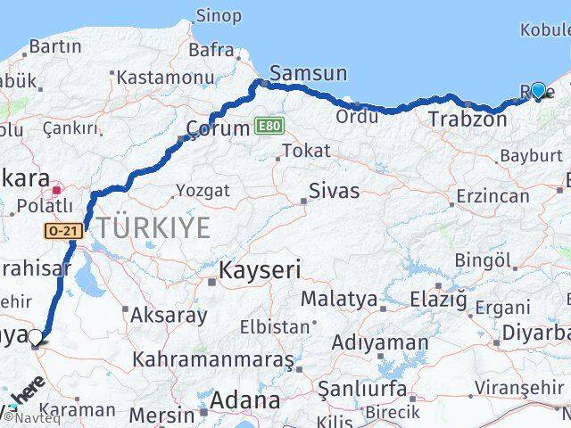 Rize Hemşin Konya Arası Kaç Km - Yol Haritası