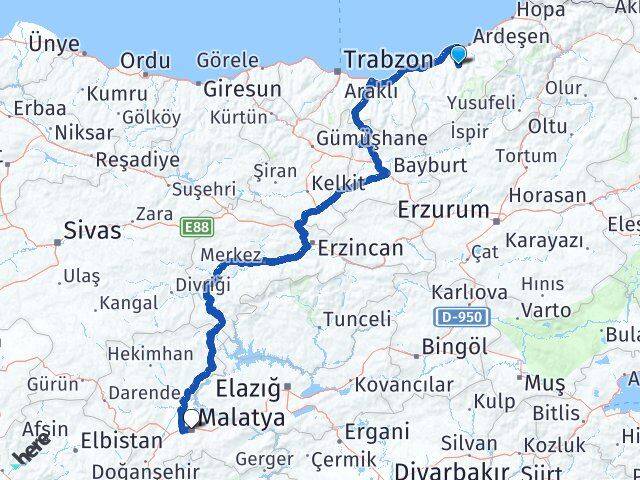 Rize Hemşin Malatya Arası Kaç Km - Yol Haritası
