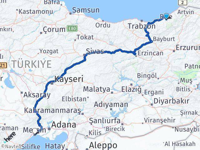 Rize Hemşin Mersin Arası Kaç Km - Yol Haritası