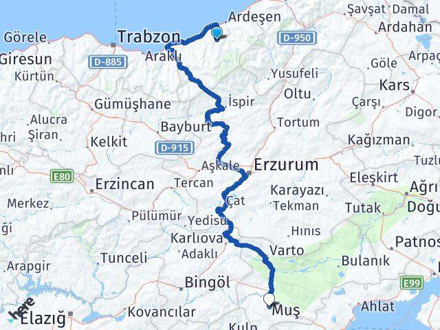 Rize Hemşin Muş Arası Kaç Km - Yol Haritası