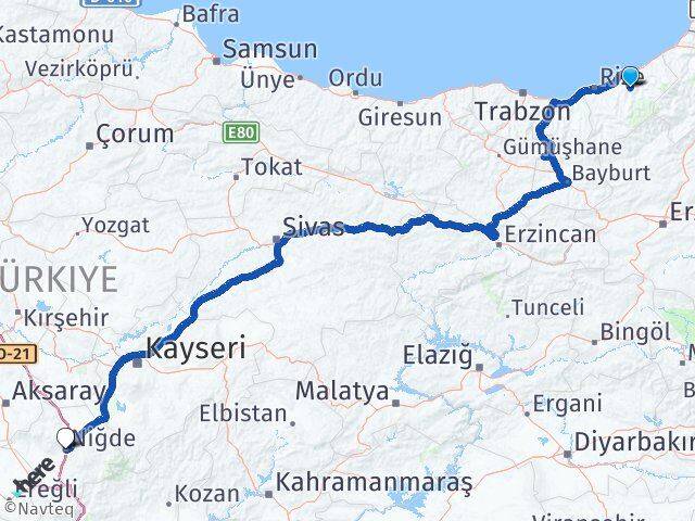 Rize Hemşin Niğde Arası Kaç Km - Yol Haritası
