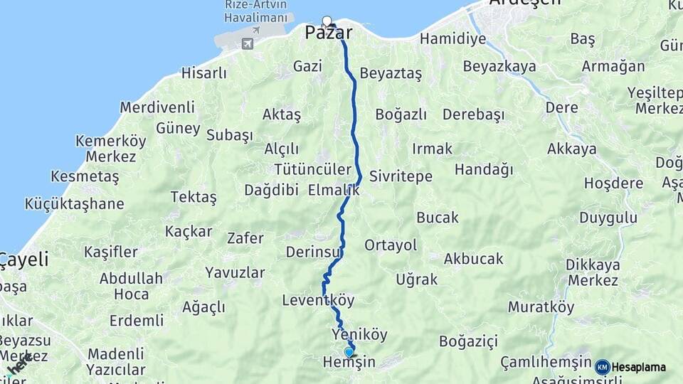 Rize Hemşin Pazar Arası Kaç Km - Yol Haritası