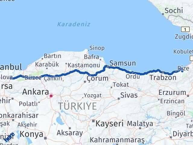 Rize Hemşin Sakarya Arası Kaç Km - Yol Haritası