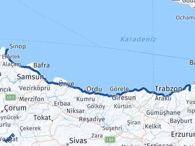 Rize Hemşin Sinop Arası Kaç Km - Yol Haritası