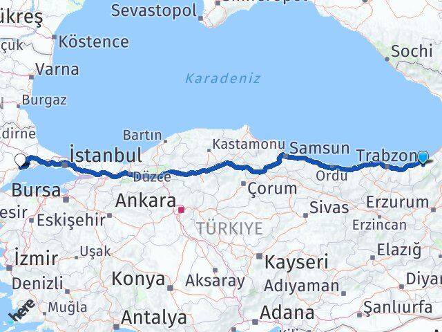 Rize Hemşin Tekirdağ Arası Kaç Km - Yol Haritası