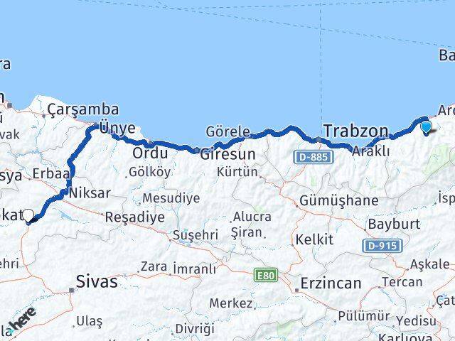 Rize Hemşin Tokat Arası Kaç Km - Yol Haritası