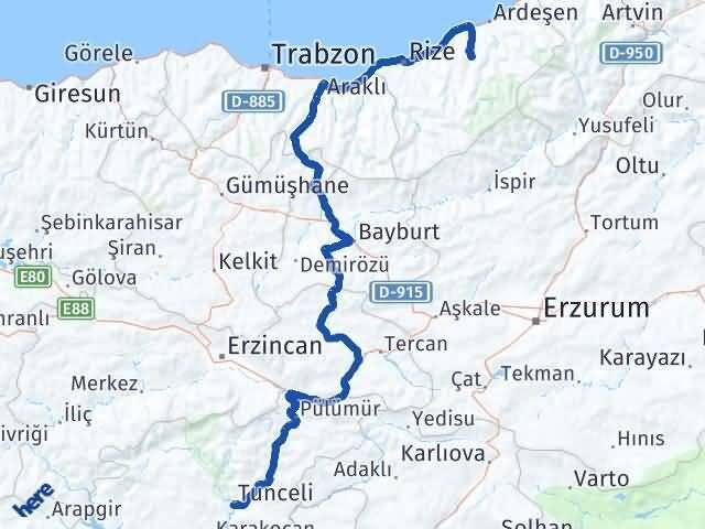Rize Hemşin Tunceli Arası Kaç Km - Yol Haritası