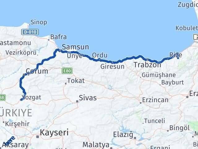 Rize Hemşin Yozgat Arası Kaç Km - Yol Haritası