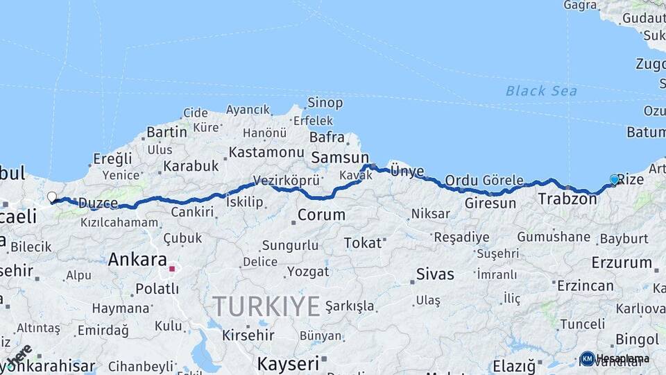 Rize Hendek Sakarya Arası Kaç Km - Yol Haritası