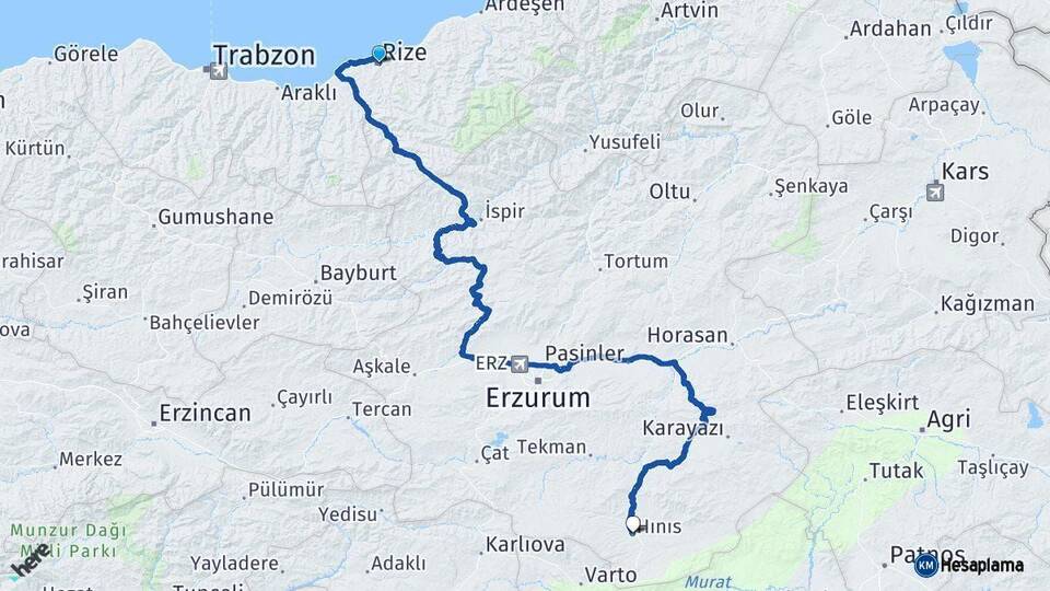 Rize Hınıs Erzurum Arası Kaç Km - Yol Haritası