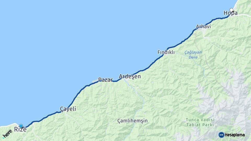 Rize Hopa Artvin Arası Kaç Km - Yol Haritası
