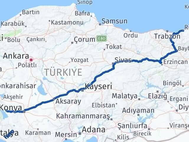 Rize Hüyük Konya Arası Kaç Km - Yol Haritası