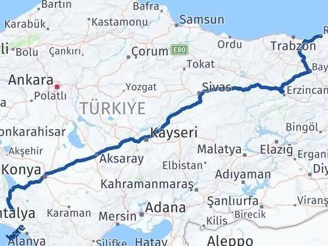 Rize İbradı Antalya Arası Kaç Km - Yol Haritası