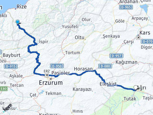 Rize İkizdere Ağrı Arası Kaç Km - Yol Haritası