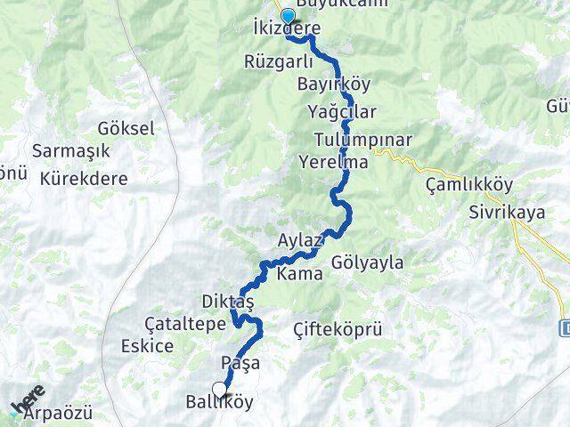 Rize İkizdere Ballıköy İkizdere Arası Kaç Km - Yol Haritası