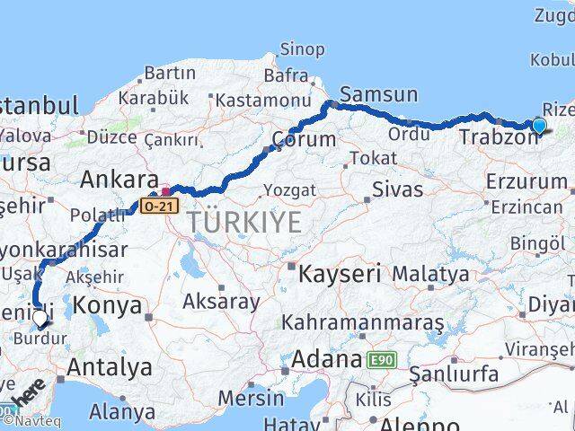 Rize İkizdere Burdur Arası Kaç Km - Yol Haritası