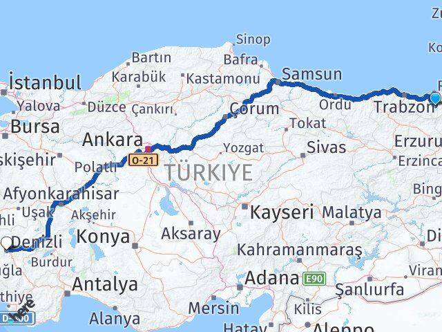 Rize İkizdere Denizli Arası Kaç Km - Yol Haritası