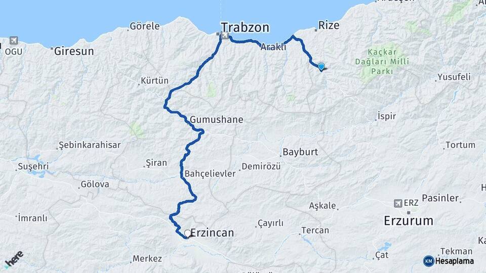 Rize İkizdere Erzincan Arası Kaç Km - Yol Haritası