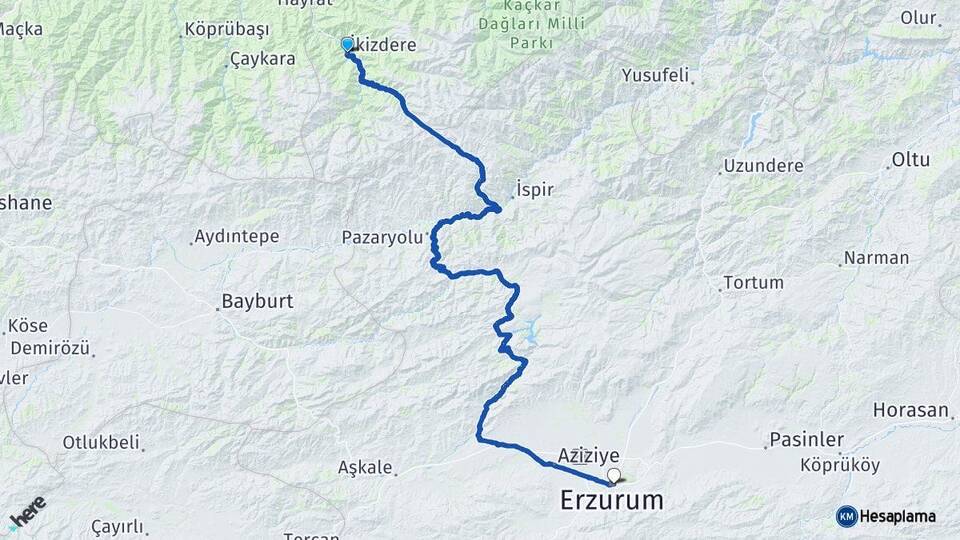 Rize İkizdere Erzurum Arası Kaç Km - Yol Haritası