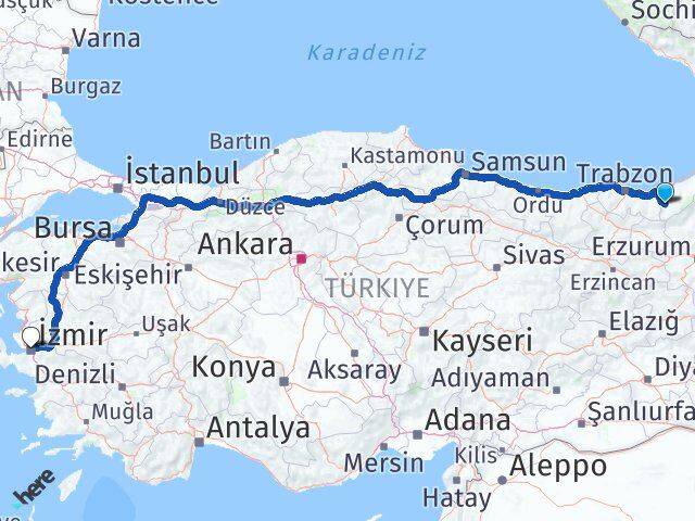 Rize İkizdere İzmir Arası Kaç Km - Yol Haritası