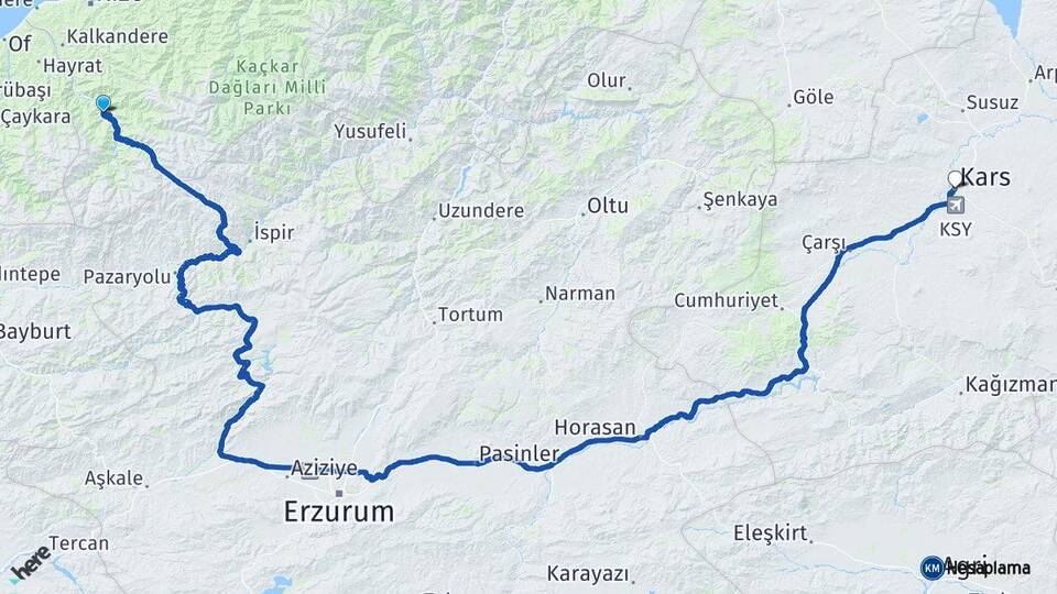 Rize İkizdere Kars Arası Kaç Km - Yol Haritası