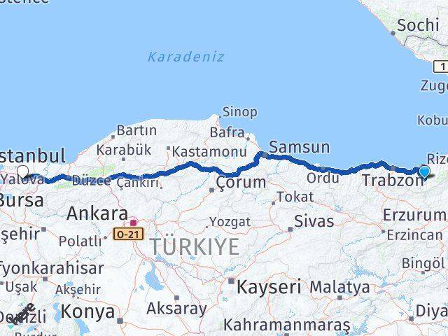 Rize İkizdere Kocaeli Arası Kaç Km - Yol Haritası
