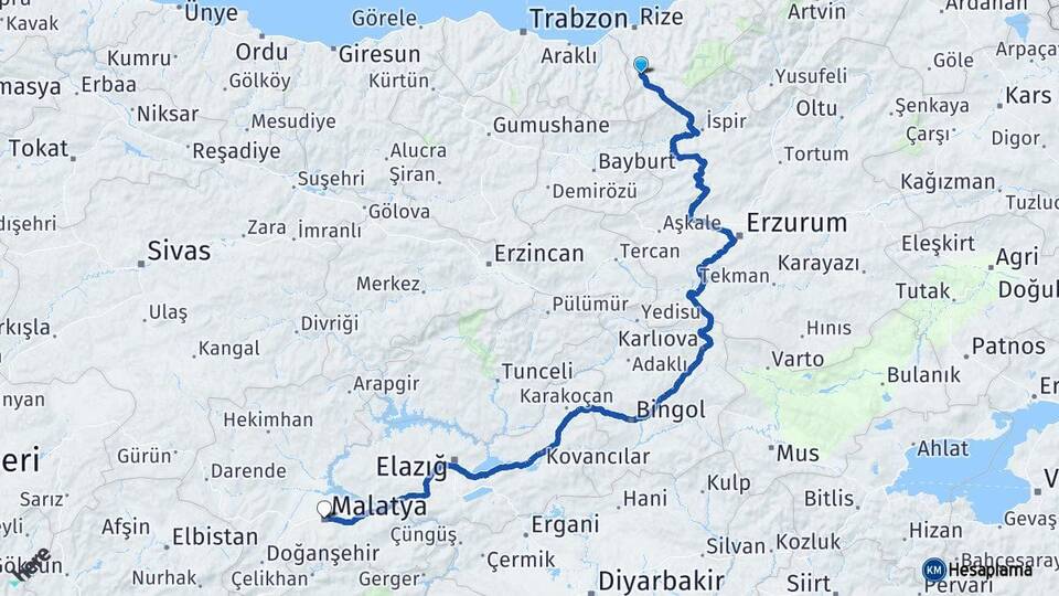 Rize İkizdere Malatya Arası Kaç Km - Yol Haritası