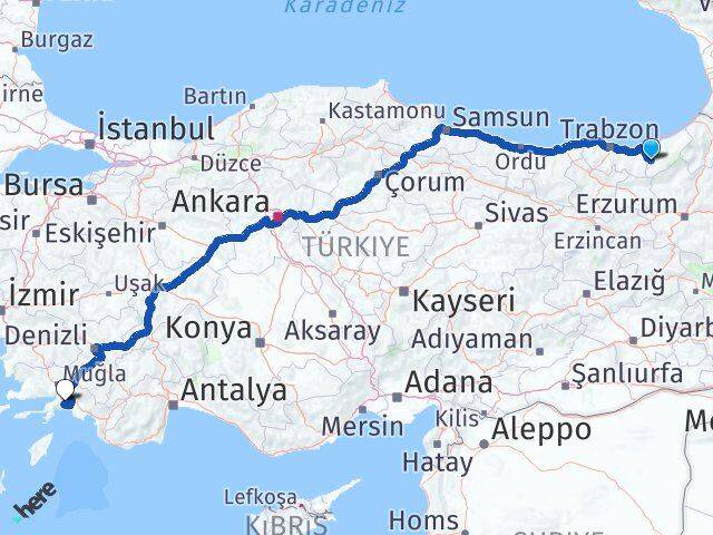 Rize İkizdere Muğla Arası Kaç Km - Yol Haritası