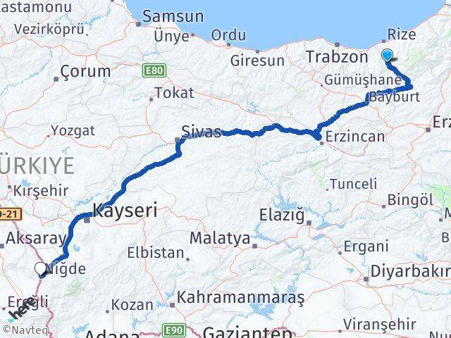 Rize İkizdere Niğde Arası Kaç Km - Yol Haritası