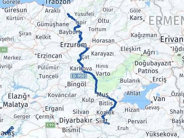 Rize İkizdere Siirt Arası Kaç Km - Yol Haritası