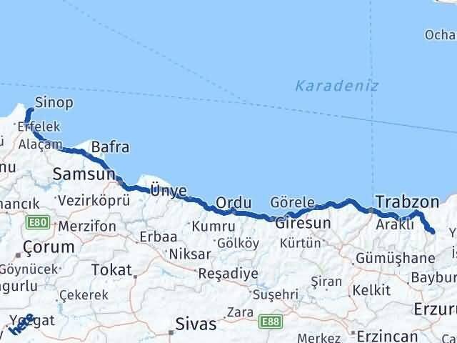 Rize İkizdere Sinop Arası Kaç Km - Yol Haritası