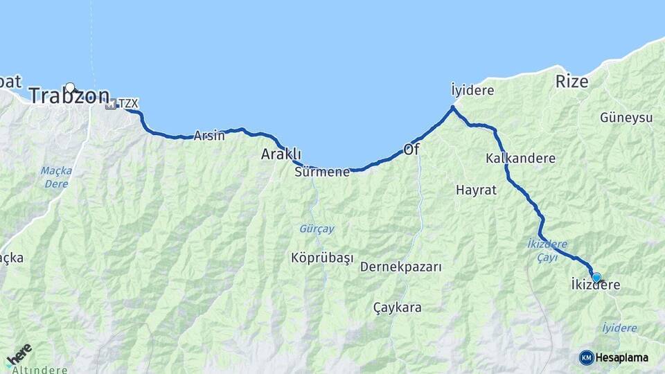 Rize İkizdere Trabzon Arası Kaç Km - Yol Haritası