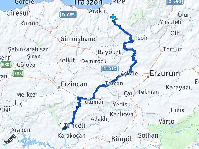 Rize İkizdere Tunceli Arası Kaç Km - Yol Haritası