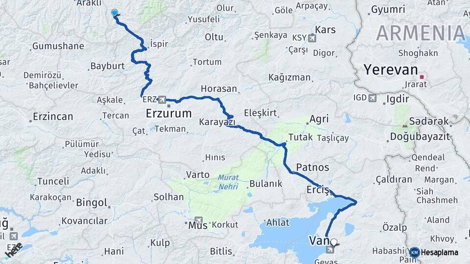 Rize İkizdere Van Arası Kaç Km - Yol Haritası