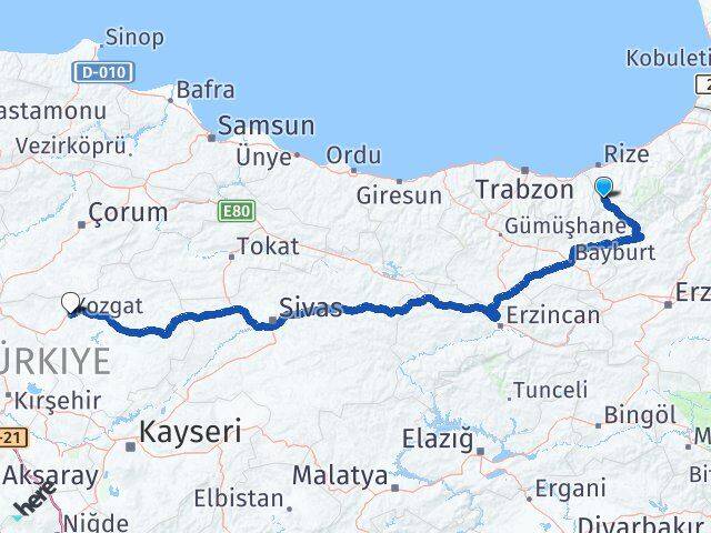 Rize İkizdere Yozgat Arası Kaç Km - Yol Haritası