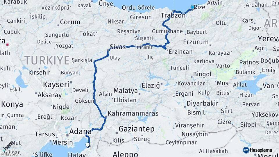 Rize İskenderun Hatay Arası Kaç Km - Yol Haritası