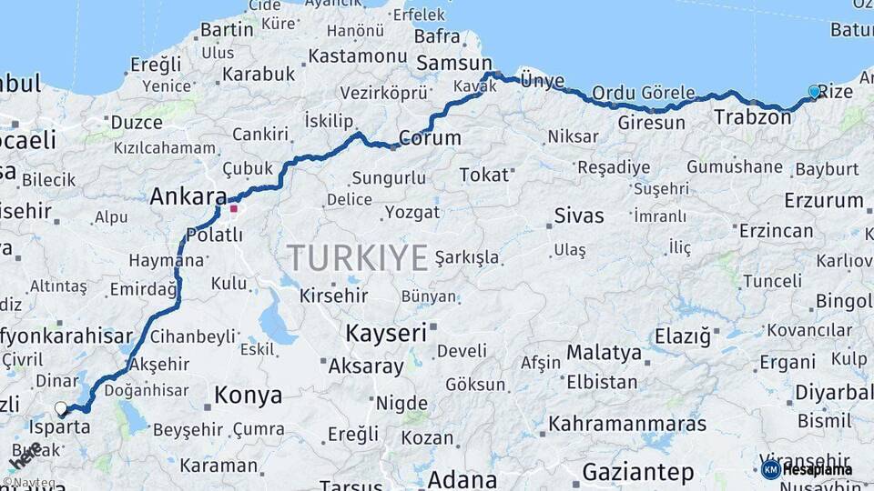 Rize Isparta Arası Kaç Km - Yol Haritası