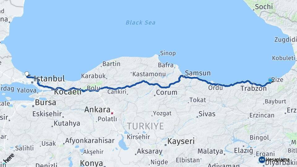Rize İstanbul Havalimanı Arası Kaç Km - Yol Haritası
