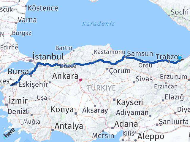 Rize İvrindi Balıkesir Arası Kaç Km - Yol Haritası