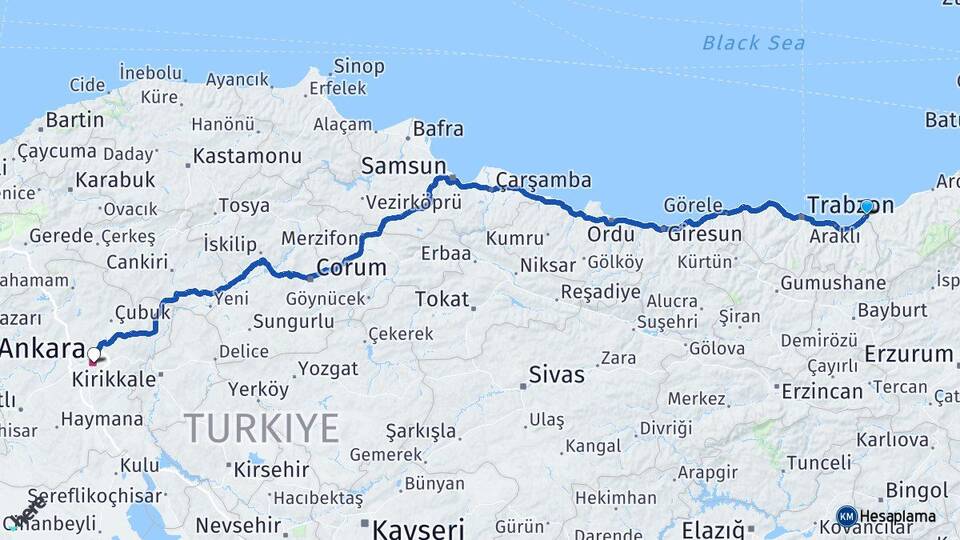 Rize İyidere Ankara Arası Kaç Km - Yol Haritası