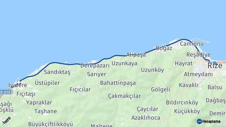 Rize İyidere Arası Kaç Km - Yol Haritası