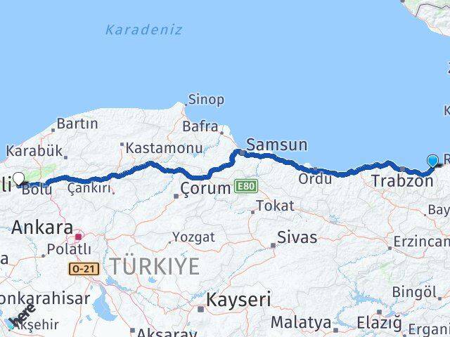 Rize İyidere Bolu Arası Kaç Km - Yol Haritası