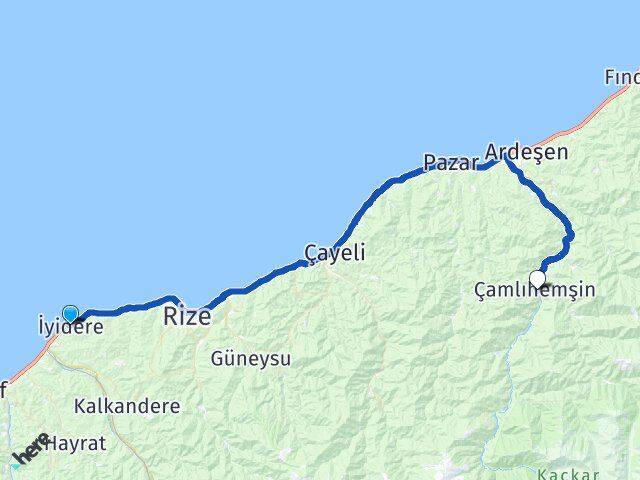 Rize İyidere Çamlıhemşin Arası Kaç Km - Yol Haritası