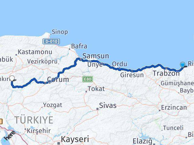 Rize İyidere Çankırı Arası Kaç Km - Yol Haritası