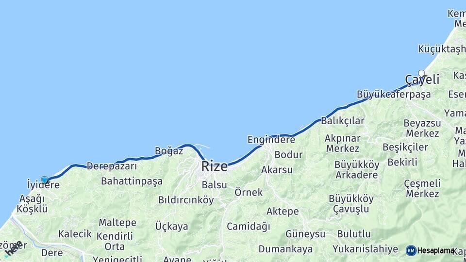 Rize İyidere Çayeli Arası Kaç Km - Yol Haritası